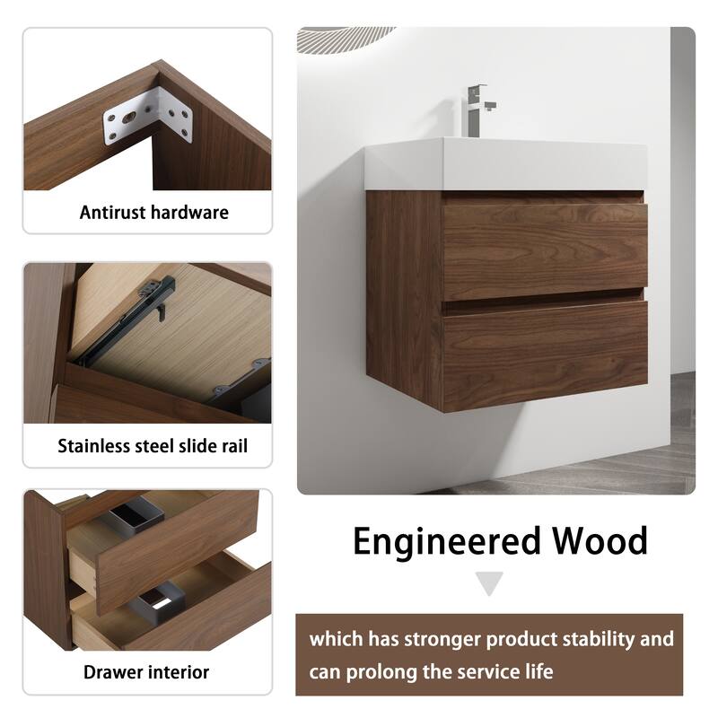 Vanity with Thick Edge Resin Sink, Soft-Close Drawers, Water-Resistant Melamine Surface (Sink and Cabinet Only)