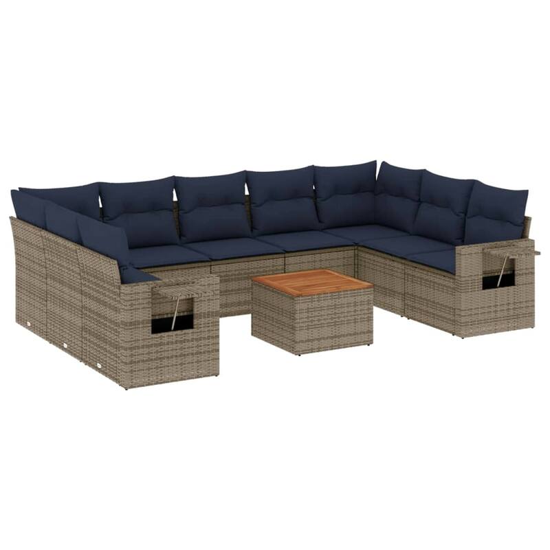 vidaXL 10 Piece Patio Sofa Set with Cushions Black Poly Rattan - 24.4" x 24.4" x 27.2"