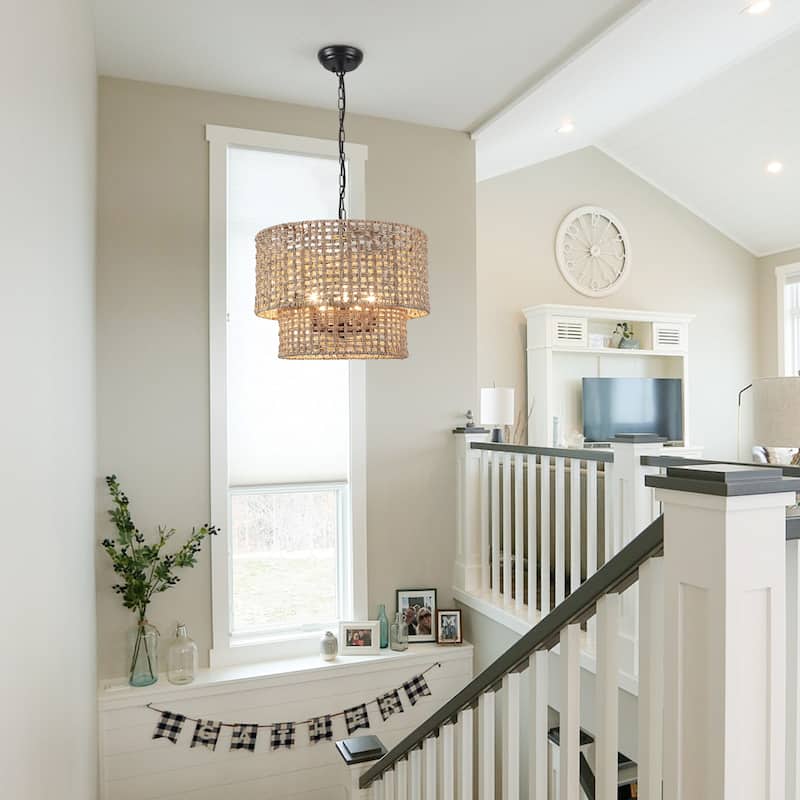 5-Light Metal 2-Tier Traditional Linear Drum Chandelier Pendant Light with Rattan Shade for Kitchen Island Dining Room