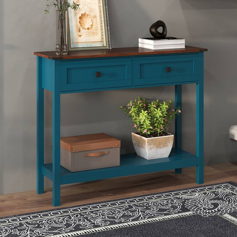 Homy Casa Farmhouse Console Table with 2 Drawers & Bottom Shelf