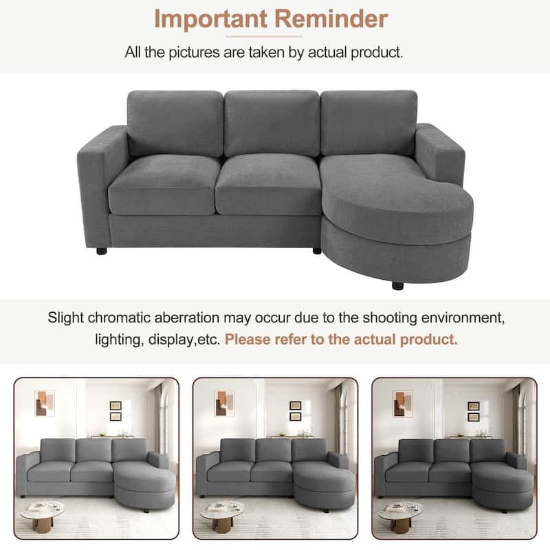 L-Shape Sectional Sofa with Curved Chaise Lounge, Chenille Fabric 3 Seater Sofa with USB Ports & Storage Pockets