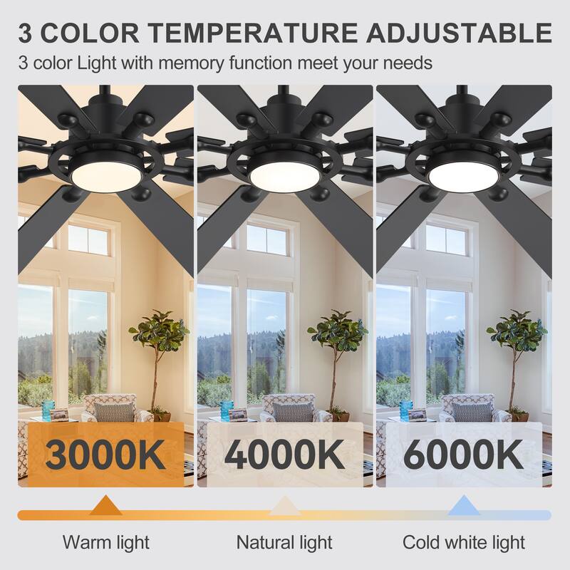 Large 72" Reversible 8-Blade Integrated Ceiling Fan with LED Light and Remote