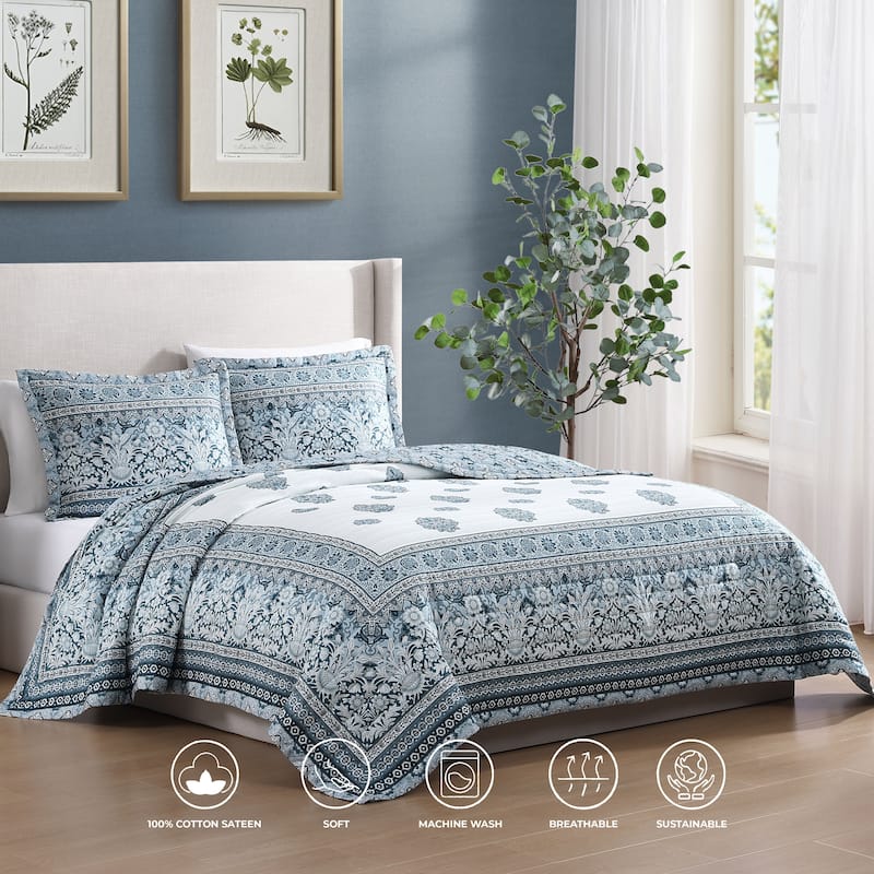 Bebejan Aquamarine Medallion 3 Piece Reversible Quilted Coverlet Set
