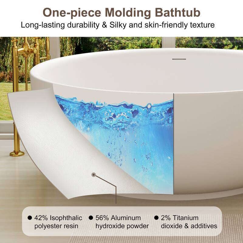 59 in. Freestanding Solid Surface Square Soaking Bathtub in Matte White, Modern Design with Center Drain