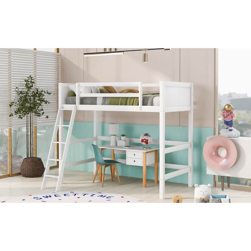 Solid Wood Twin Loft Bed with Ladder, 14 Slats, Space-Saving Design