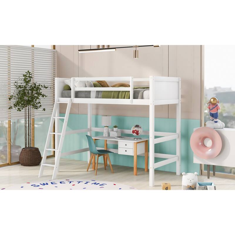 Solid Wood Twin Size Loft Bed with Ladder