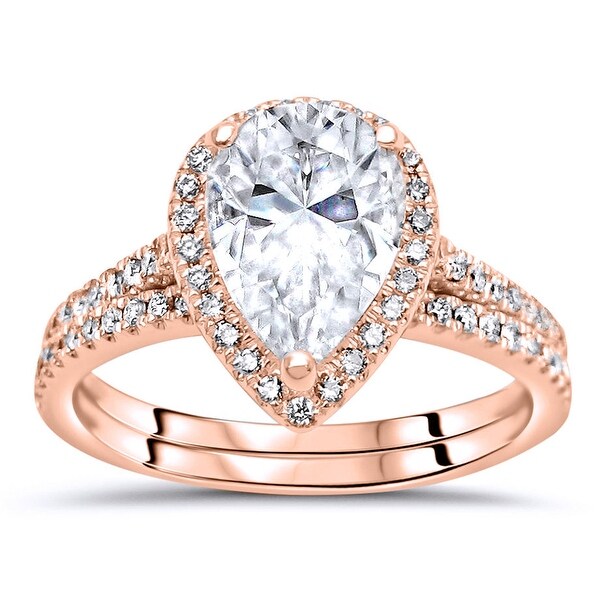 14k Rose Gold 2 \u0026 1/5ct Pear Shape Moissanite and Diamond Engagement Ring Bridal Set - 7