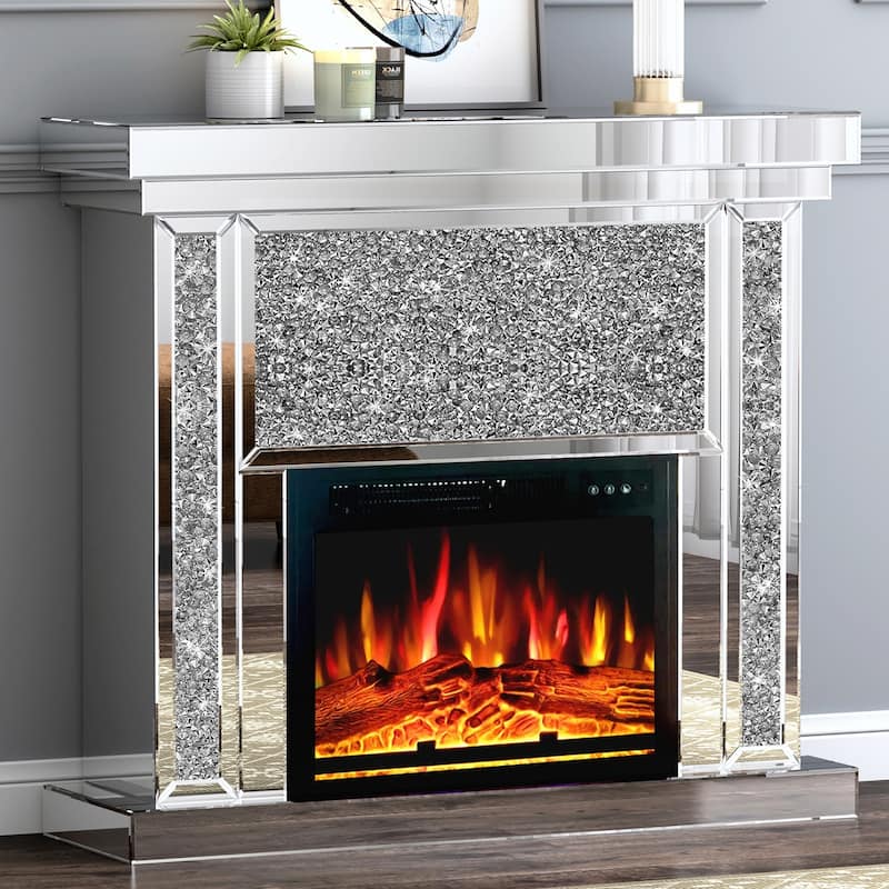 Modern 43.3" Electric Fireplace, with Mirrored Mantel - Black