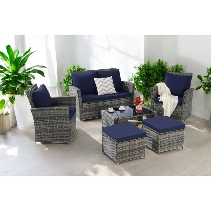 6-Piece Wicker Patio Furniture Set with Cushions & Coffee Table & Ottomans, Sofa for Outdoor Garden, Patio, or Balcony