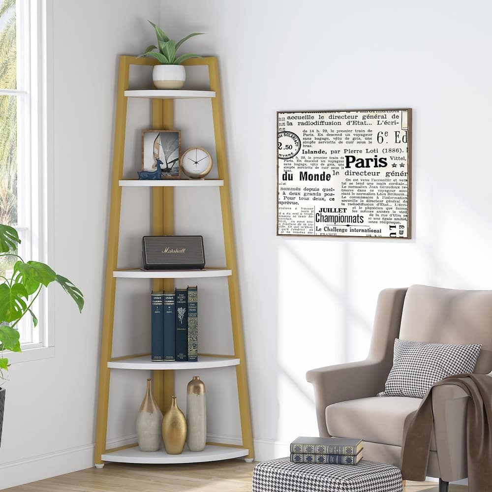 70 inch Tall Corner Shelf, 5 Tier Bookshelf Bookcase, Modern Corner Ladder Shelf Plant Stand for Living Room