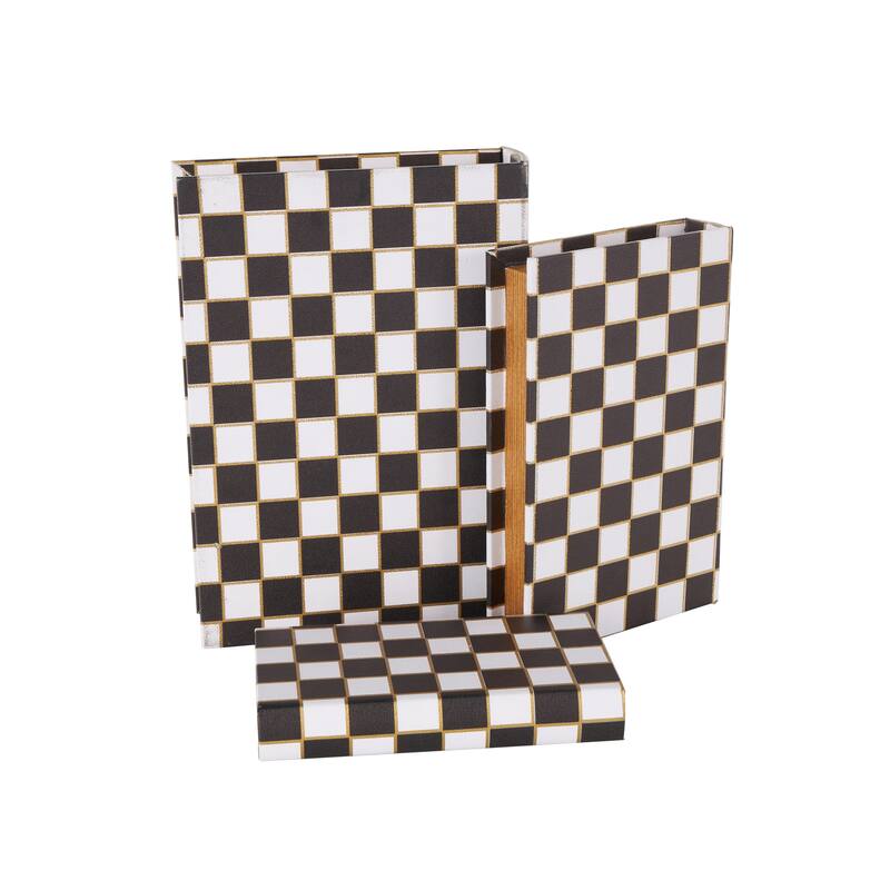 Faux Leather Checkered Faux Book Storage Box with White and Metallic Gold Accents - Set of 3 Black - Roche River Decor