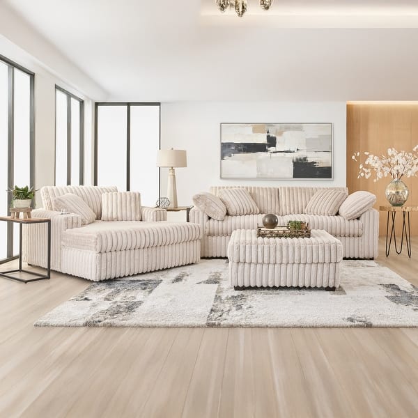 Roundhill Belvoir 3-Piece Living Room Set, Sofa Cuddle Chaise and Ottoman