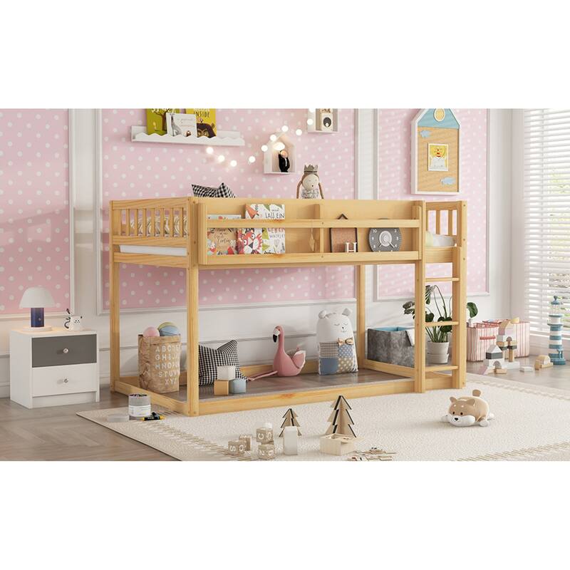 Roomfitters Twin Over Twin Bunk Bed, Low Floor Loft Platform Bed and Shelf with Wooden Frame for Bedroom