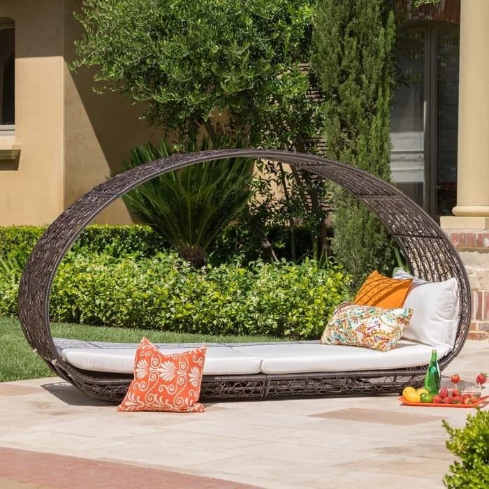 Outdoor Wicker Overhead Canopy Daybed, Water-Resistant Cushion