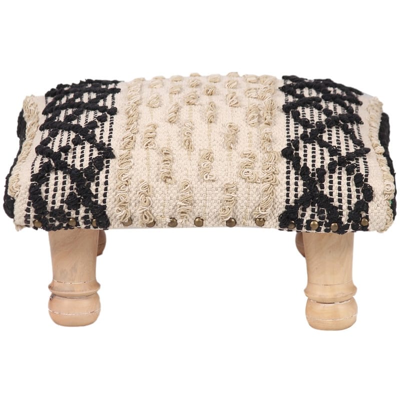 HERAT ORIENTAL Handmade Geometric Cotton Dhurrie Upholstered Footstool - Ivory/Black