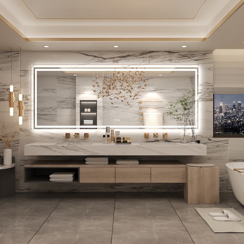 Frameless LED Front Light and Backlit 3 Colors Dimmable Anti-Fog Wall Bathroom Vanity Mirror