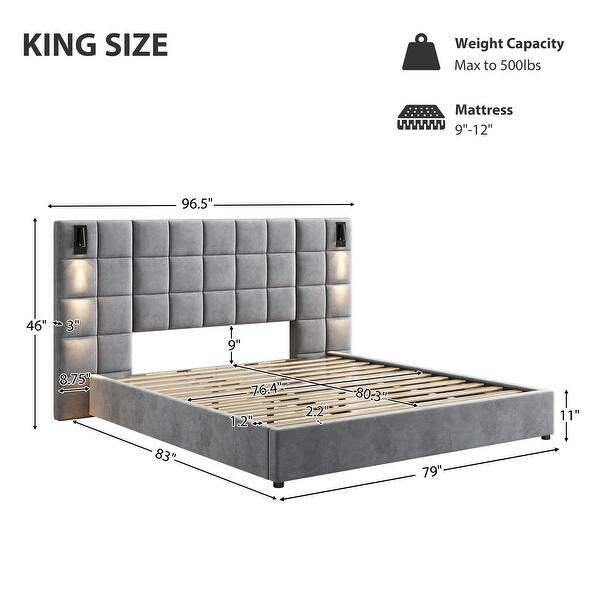 Svens Modern Upholstered Velvet Platform Bedframe & Headboard with Lamps and USB Ports, Grey