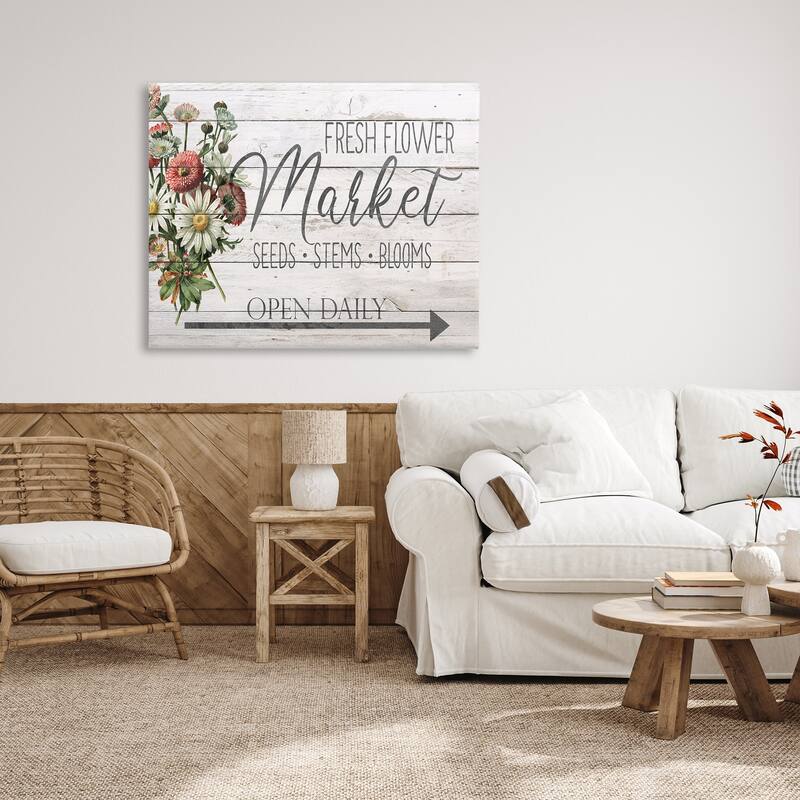 Stupell Farmhouse Planked Look Fresh Flower Market Open Daily Canvas Wall Art, 16 x 20, Proudly Made in USA - Multi-Color