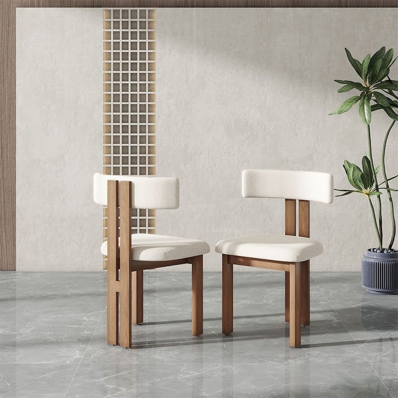 Mid-Century Modern Wood Dining Chairs Set of 2,White & Walnut Side Chairs, Fully Assembled - Set of 2 - Beige - Dining Height