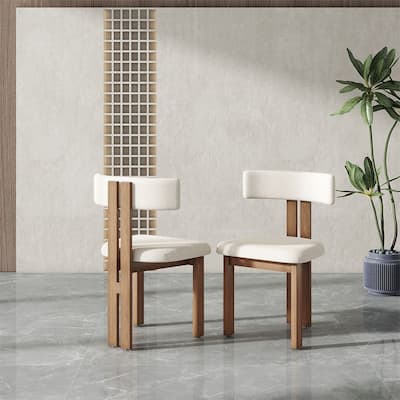 Mid-Century Modern Wood Dining Chairs Set of 2,White & Walnut Side Chairs, Fully Assembled