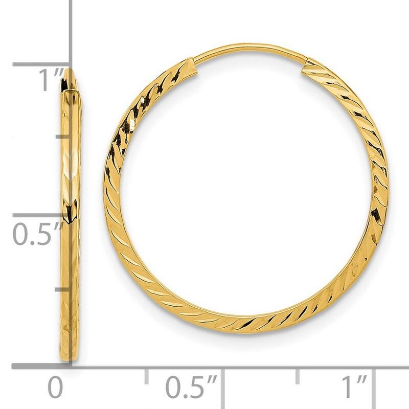 Curata 14k Yellow Gold Diamond Cut Square Tube 1.35x25mm Endless Hoop Earrings