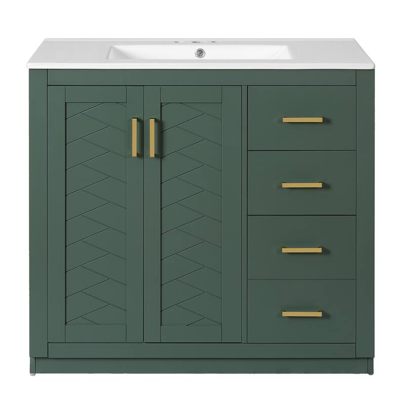 Roomfitters 36 Inch Bathroom Vanity with Ceramic Sink Combo, Solid Wood Frame Freestanding Storage Cabinet with 3 Drawers