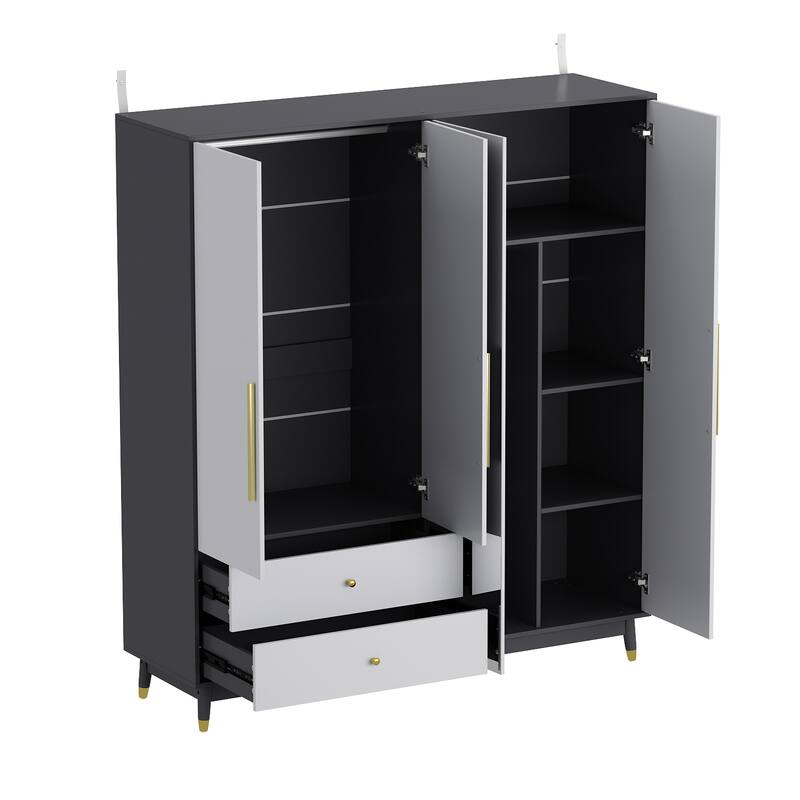 Wooden 2 Drawers 4 Doors Wardrobe Armoire With Mirror (Gray/Black)