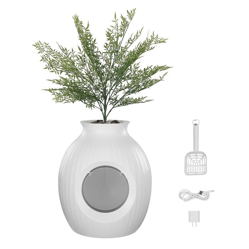 White Hidden Cat Litter Box with Artificial Plant and Plasma Odor Control System
