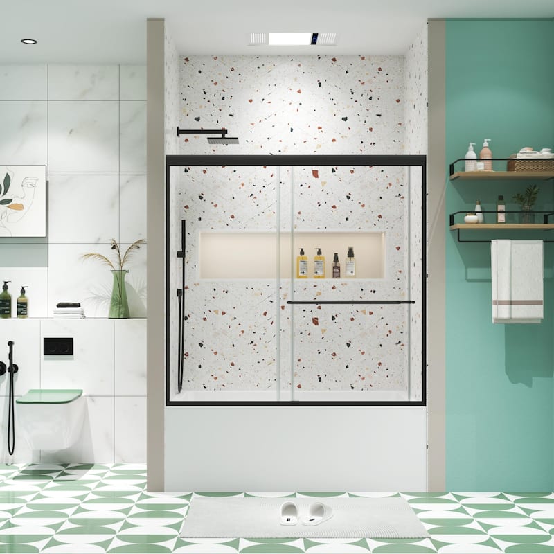 58'' H Glass Double Sliding Shower Door, Bathtub Bypass shower door in Black/Chrome - 60x58