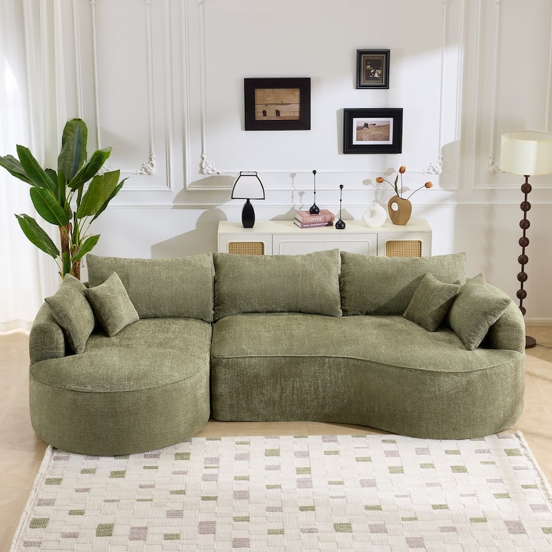 L Shape Sectional Sofa with Curved Chaise Lounge, High-Resilience Sponge Boneless Sofa, Upholstered Sofa with Throw Pillows - Green
