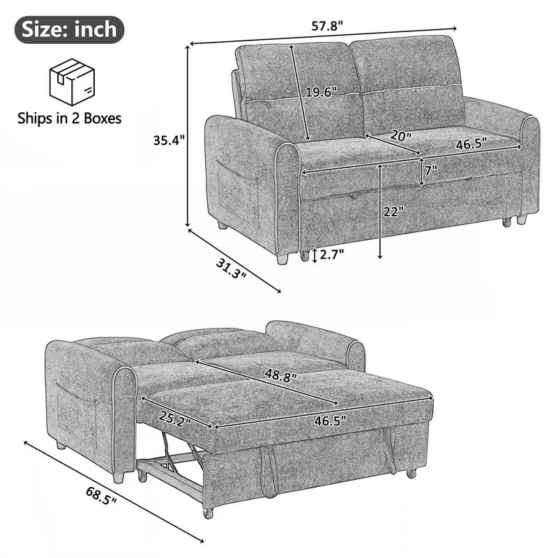 Pull Out Sofa Bed, 58-inch Sofa Bed, Sleeper Sofa, Loveseat Sofa with Adjustable 3 -Position Backrest