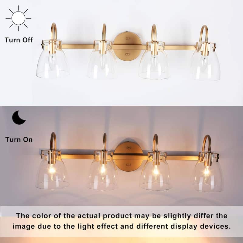 4-Light Mid-Century Modern Linear Gold Bathroom Vanity Light Glass Wall Sconces - 28.5" L x 9" W x 8" H