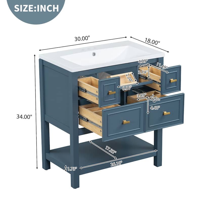 MDF Bathroom Vanity with Free Standing Single Vanity Set with 5 Drawers - 30" x 18" x 33"