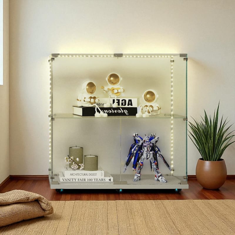 34" Tempered Glass Display Cabinet with Bluetooth LED Lights, Lockable Casters, 3-4 Shelf Storage Showcase