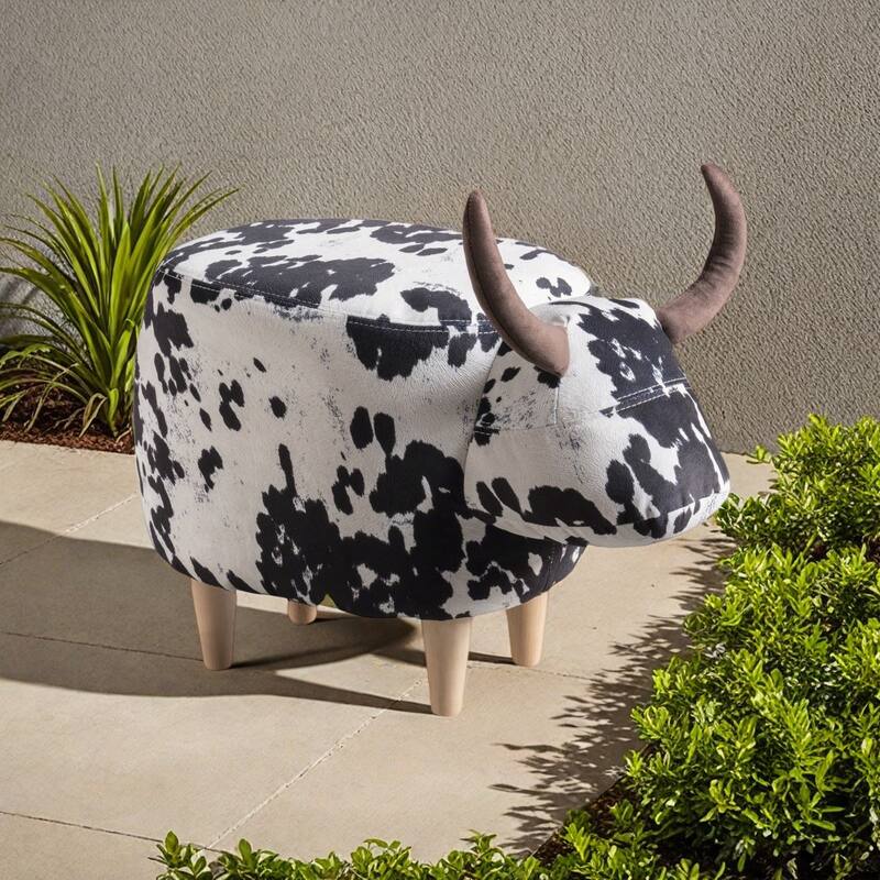 Cow Animal Shape Kids Ottoman, Cute Wood Foot Stool Shoes Changing Seat & Cushioned for Adult Living Room, Bedroom, Playroom