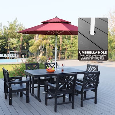 7 Piece HDPE Dining Table and 6 Chair with Umbrella Hole Casual Dining Set Outdoor Patio Poolside Picnic Beer Table