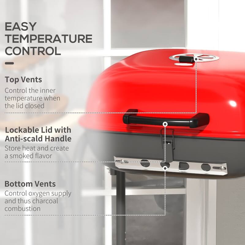 Portable Charcoal Grill with Wheels 2 Side Tables and Bottom Shelf, Adjustable Vents, for Picnic Camping, Backyard, Cooking