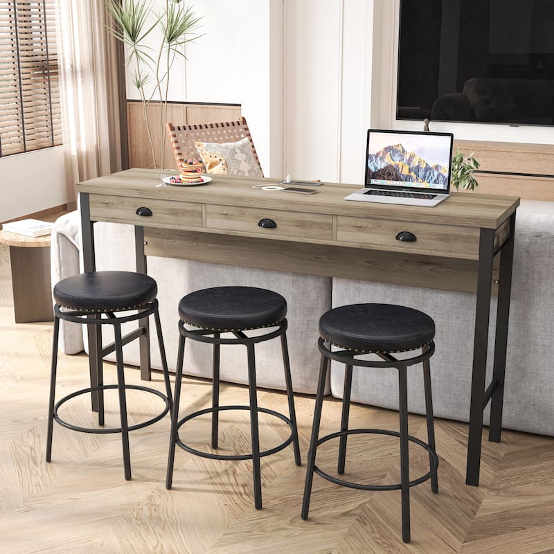 3-Drawer Long Dining Table Set with Power Outlets