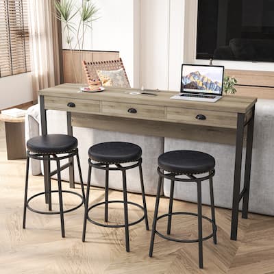 3-Drawer Long Dining Table Set with Power Outlets