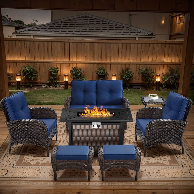 Gymojoy Outdoor Fire Pit Conversation Set, Loveseat Glider Sofa & Chairs - Patio Furniture Set - 7-Piece included Club Chairs & Ottomans - Blue