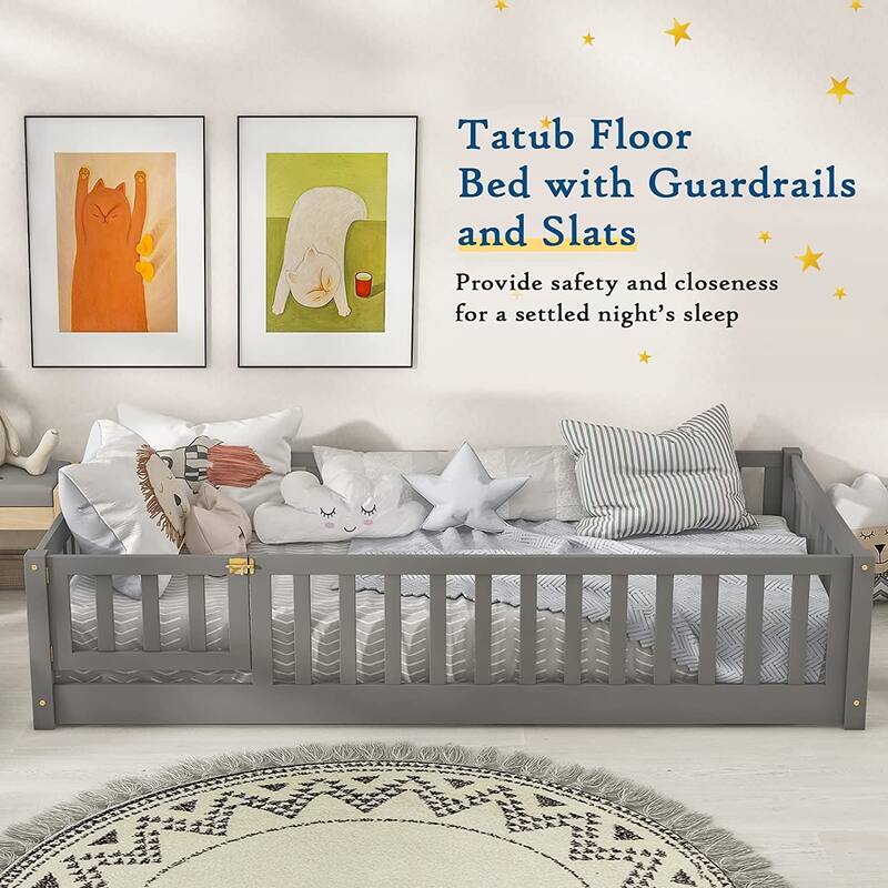 Twin/Full/Queen Size Floor Bed with Safety Guardrails, Toddler Floor Bed for Girls and Boys