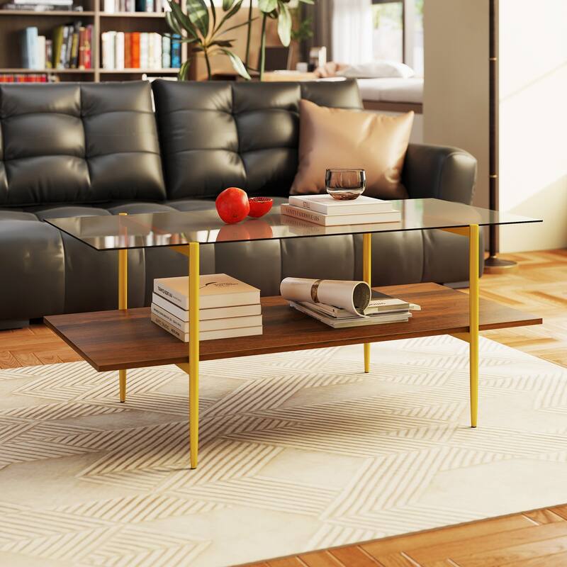 2-Tier Glass Coffee Table with Tampered Glass Tabletop and Open Storage Shelf-Brown - Multi - Multi