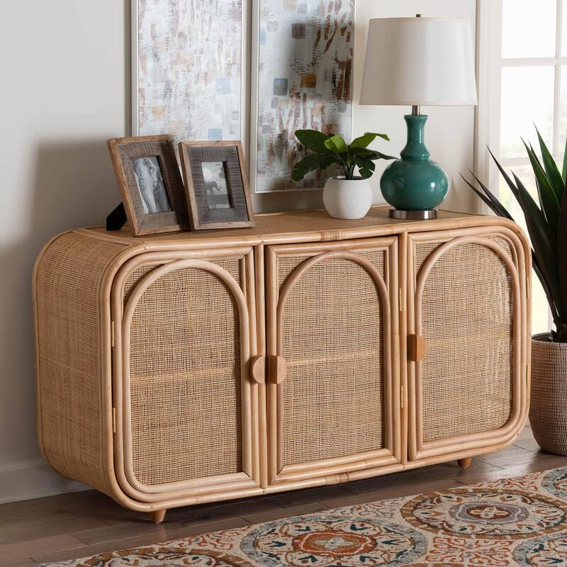 Evania Bohemian Natural Rattan 3-Door Storage Cabinet