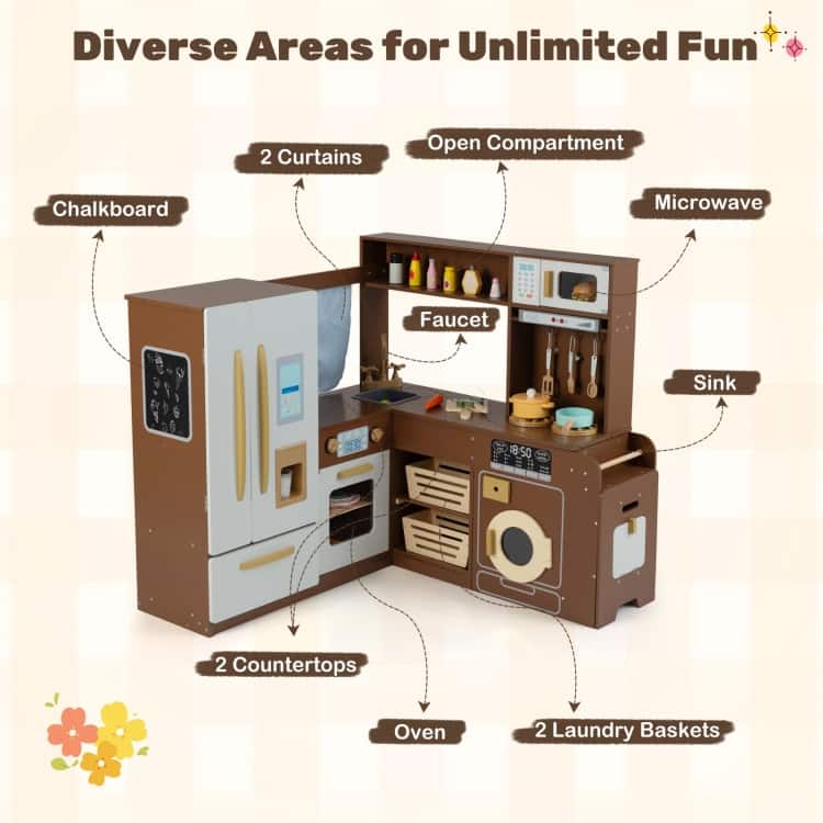 MDF Kids Corner Play Kitchen with Lights, Sounds and Accessories - 40" × 39.5" × 37"