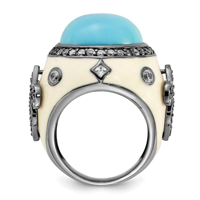 Curata Black Plated 925 Sterling Silver Enamel Simulated Turquoise and Cubic Zirconia Ring