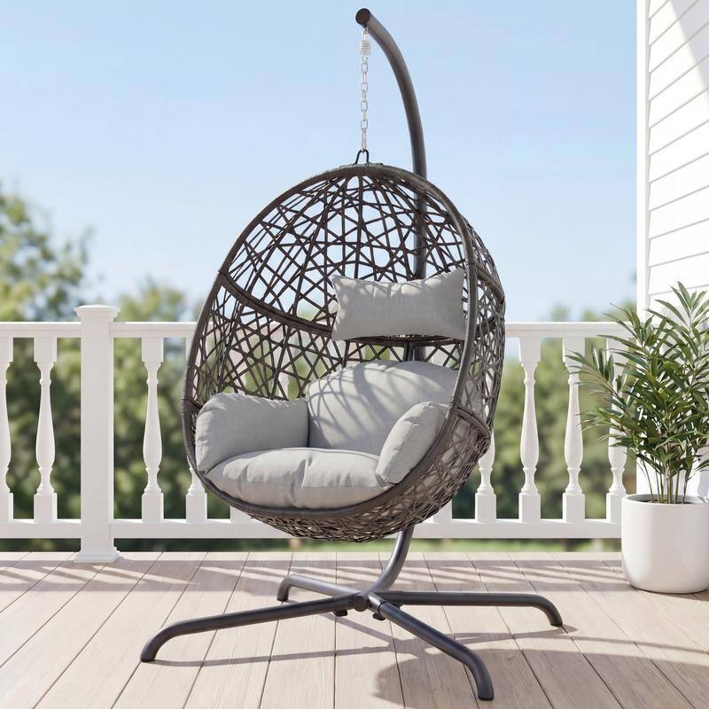 Oversized Hanging Egg Chair with Stand, Indoor/Outdoor Wicker Swing Chair for Patio Porch Balcony with Cushions - Light Grey