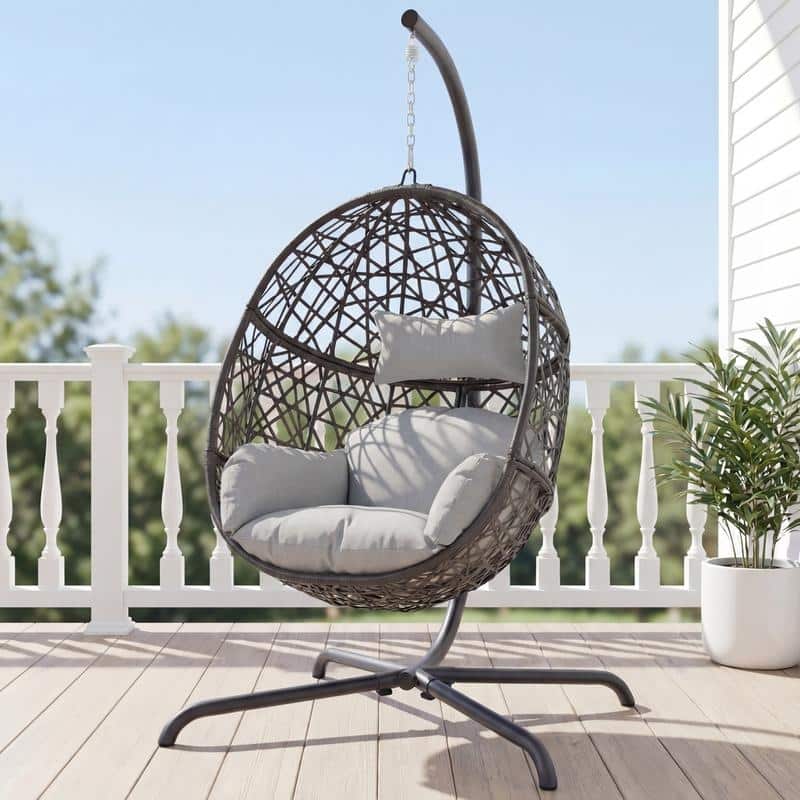 Oversized Hanging Egg Chair with Stand, Indoor/Outdoor Wicker Swing Chair for Patio Porch Balcony with Cushions