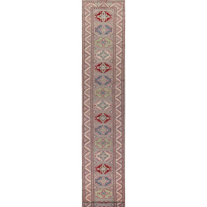 Gray Kazak Oriental Runner Rug Hand-Knotted Hallway Wool Carpet - 2'6" x 20'0"