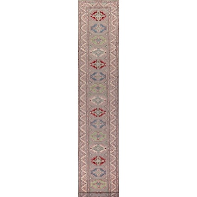 Gray Kazak Oriental Runner Rug Hand-Knotted Hallway Wool Carpet - 2'6" x 20'0"