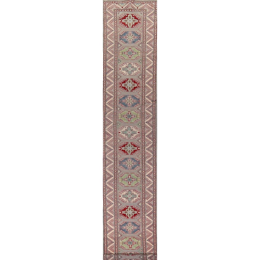 Gray Kazak Oriental Runner Rug Hand-Knotted Hallway Wool Carpet - 2'6" x 20'0"